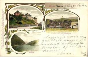 1903 Vöröstorony-szoros, Rotenturm-Pass; Altfluss, Landskrone, Der Rote Thurm, kiadja Josef Drotleff  / river, castle, ruins, floral, litho