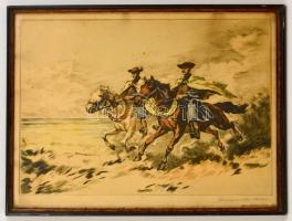 Benyovszky István (1898-1969): Vágtató csikósok, színezett rézkarc, papír, jelzett, üvegezett fa ker...