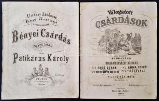 cca 1850-1860 2 db régi kőnyomatos kotta:  Patikárus Károly: Bényei Csárdás. Pest,é.n., Treichlinger J., 5 p. Bartay Ede: Válogatott csárdások népies zongorára alkalmazata: - -. Előadják Kecskeméty J., és Patikárius testvérek. Pest, é.n. Rózsavölgyi és Társa, 5 p. Foltosak.