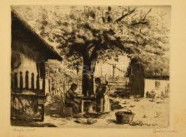 Boldizsár István (1897-1984): Kertfa alatt. Rézkarc, papír, jelzett, 23×29 cm