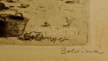 Boldizsár István (1897-1984): Kertfa alatt. Rézkarc, papír, jelzett, 23×29 cm