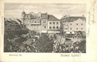 1904 Győr, Széchenyi tér, piac, Raab Lajos és Cohn Móricz és Társa üzlete. Berecz Viktor kiadása