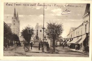 Komárom, Komárno; Klapka tér és Nádor utca, Kovacsics Ernő üzlete, Szentháromság szobor. N. L. / Klapkovo nám. a ciast Nádorovej ul. / street view with square, shops, Trinity statue - képeslapfüzetből / from postcard booklet