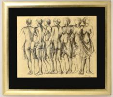 Barcsay jelzéssel: Női alakok. Szén, papír, üvegezett keretben, 40×52 cm