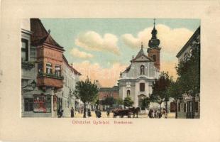 1911 Győr, Erzsébet tér, templom, Treitner Ferenc üzlete, reklám poszterek. Kiadja Polgár Bertalan (EK)