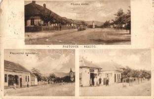 Ipolypásztó, Pásztó, Pastovce; Fő utca, Fogyasztási Szövetkezet üzlete, Singer üzlete, Református templom / main street, cooperative shop, Calvinist church, shops (fa)