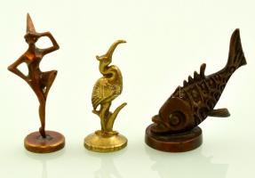 Réz figurák (hal, madár, bohóc), 3 db, m: 5,5; 6,5 és 7,5 cm