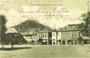 1910 Nagybánya, Baia Mare; Fő tér keleti oldala, Herskovits J., Kindris, Rosenfeld üzlete. Kiadja Kovács Gyula / main square, shops (EK)