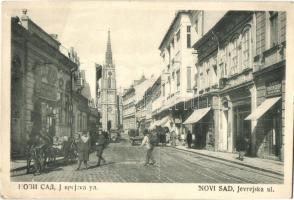 Újvidék, Novi Sad; Jevrejska utca, Nikola Krausz és Ilija Piliser üzlete / street view with shops and church (EK)