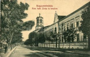 1909 Nagyszentmiklós, Sannicolau Mare; Római katolikus zárda és templom. W. L. Bp. 2116. Kiadja Wiener Náthán / Catholic church and nunnery + Perjámos-Valkány 90. sz. vasút mozgóposta (kis szakadás / small tear)