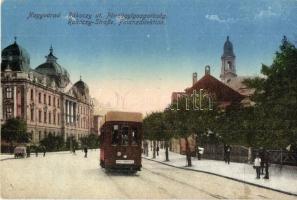 Nagyvárad, Oradea; Rákóczi út, Pénzügyi Igazgatóság, villamos / street view, financial directorate, tram