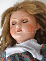 cca 1910 Jelzett (Paris) festett fa testű és fejű baba, mozgatható végtagokkal, piszkos, m: 57 cm