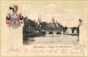 1903 Merseburg, Schloss mit Waterloobrücke / castle with bridge. Reinicke & Rubin No. 671. Art Nouveau Emb. litho coat of arms