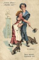 Endlich Allein! / Napokon sami! / Végre egyedül! / Finalmente soli! / Finally alone! Austro-Hungarian Navy K.u.K. Kriegsmarine humorous mariner art postcard. C. Fano, Pola. 38. 1914/15. s: Ed Dworak (kis szakadás / small tear)