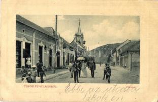 Vulkán, Zsivadejvulkán, Vulcan; Fő utca, vendéglő, építkezés a háttérben,  Ferenczi Emil üzlete és saját kiadás. W.L. Bp. 5379. / main street, restaurant, shops, construction in the background (EK)