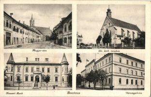 Beszterce, Bistritz, Bistrita; Magyar utca, Evangélikus templom, Görögkatolikus templom, üzlet, Nemzeti Bank, Vármegyeháza / street view, Lutheran church, Greek Catholic church, shop, bank, county hall (EK)