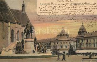 1904 Kolozsvár, Cluj; Mátyás király tér a szoborral, üzletek / Mathias Rex statue, shops