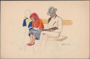 Biczó Judit(1938): Aratás után, Padon, 2 db Ceruza, papír, jelezett, 20x30 cm