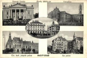 Nagyvárad, Oradea; Nemzeti Színház, Horthy Miklós tér, Városháza, Görögkatolikus püspöki palota, Sas palota / theater, square, town hall, bishop&#039;s palace, palace, tenement house (apró szakadás / tiny tear)