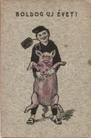 1905 Boldog Új Évet! / New Year greeting art postcard with chimney sweeper and pig