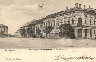 1906 Szászrégen, Reghin; Fő tér, Arnold Müller cukrászdája, üzletek. Kiadja G. Heiter / main square, confectionery, pastry shop, shops