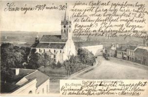 1907 Szászrégen, Reghin; Ev. Kirche und Mädchenschule / Evangélikus templom és leányiskola. Kiadja G. Heiter / Lutheran church and girls school