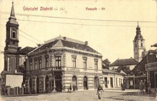 Zilah, Zalau; Kossuth tér, Körtesi József, Lőrincz Mór, Berger, Székely Miklós üzlete, Római katolikus és Református templomok. W. L. Bp. 2313. Kiadja a "Szövetség" könyvnyomda / square, shops, Catholic and Calvinist churches (szakadás / tear)