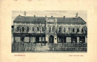 1912 Zsombolya, Hatzfeld, Jimbolia; Deák Ferenc utca, Fazekas, Hoffmann, Gólya Mihály üzlete. W. L. Bp. 5488. Kiadja Bundy Ferenc / street view with shops (EK)