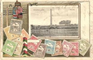1908 Torda, Turda; Cellulóz gyár. Címeres litho keret a M. kir. posta bélyegeivel / cellulose factory. Coat of arms, litho frame with Hungarian stamps. Philatelie-Anischtskarte (EK)