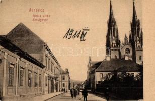 Versec, Werschetz, Vrsac; Iskola utca, templom. W.L. (?) No. 599. / street, church