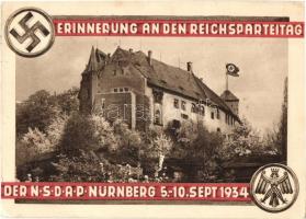 1934 Erinnerung an den Reichsparteitag der NSDAP Nürnberg / NSDAP German Nazi Party propaganda, Nuremberg Rally, swastika, coat of arms, castle. Verlag Wilheim Serz + 1934 Reichsparteitag der NSDAP in Nürnberg So. Stpl. (EK)
