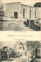 1909 Gibárt, Ganz és Társa gibárti villanytelep, Gépház a duzzasztókkal, Áramfejlesztő gépek, belső munkásokkal, kerékpár (EK)