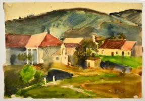 Patkó jelzéssel: Kilátás a falura. Akvarell, papír, 30×42 cm