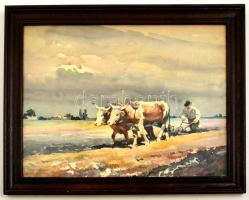 Abonyi Ernő (1884-1941): Szántás. Akvarell, papír, jelzett, üvegezett keretben, 30×40 cm