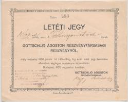 Budapest 1925. Gotthschlig Ágoston Részvénytársasági Részvényről letéti jegy 10/25 darab részvényről T:II kis szakadás