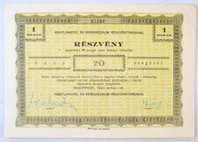 Budapest 1943. Ingatlanhitel és Kereskedelmi Részvénytársaság részvénye 20P-ről, szárazpecséttel, szelvényekkel T:II