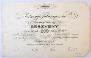Budapest 1913. Pest Megyei Takarékpénztár részvénye 200K-ról, szárazpecséttel, szelvényekkel T:III szakadások