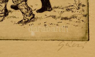 Gácsi Mihály (1926-1987): Favágók. Rézkarc,  papír-karton, jelzett, 29×39 cm