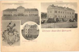 Sepsiszentgyörgy, Sfantu Gheorghe; Városháza, Fiú árvaház, dohánygyár (bárpalota), címer. Benkő M. kiadása / town hall, boy orphanage, tobacco factory, coat of arms