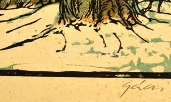 Gácsi Mihály (1926-1987): Vadászok. Színezett linó, papír, jelzett, üvegezett keretben 45×63 cm