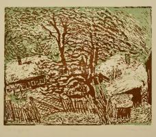 Somlai Vilma (1938-2007): Téli Szigliget, színes linó, papír, jelzett, 20×22 cm