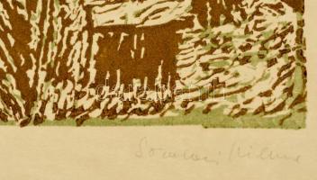 Somlai Vilma (1938-2007): Téli Szigliget, színes linó, papír, jelzett, 20×22 cm