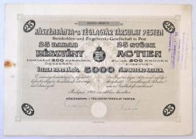 Budapest 1923. Kőszénbánya -s Téglagyár Társulat Pesten 25db részvénye egyben összesen 5000K-ról, szárazpecséttel, szelvényekkel, bélyegzéssel, lyukasztással érvénytelenítve T:II- fo., szakadás