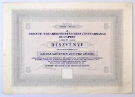 Budapest 1939. Nemzeti Takarékpénztár Részvénytársaság öt darab részvénye egyben, összesen 250P-ről, szárazpecséttel, szelvényekkel T:II