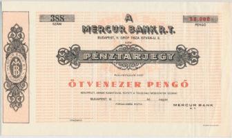 1926-1945. Mercur Bank Rt. bemutatóra szóló, kitöltetlen pénztárjegye 50.000P-ről, vízjeles papíron T:I