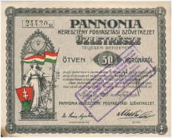 Budapest 1920. Pannonia Keresztény Fogyasztási Szövetkezet üzletrésze teljesen befizetett 50K-ról, bélyegzéssel, szelvényekkel T:II fo.