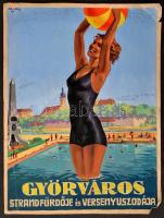 1933 Pál György (1906-1986): Győr város strandfürdője és versenyuszodája, plakátterv, vegyes technika, papír, szélén kis szakadásokkal, jelzett, 33x24,5 cm