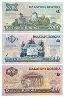 2012. 500K "Balatoni Korona" helyi pénz, "000000" sorszámmal + 2012. 1000K "...
