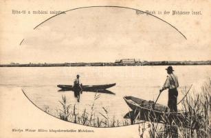 Mohács, Riha tó a mohácsi szigeten, csónakok. Kiadja Weiser Miksa (fl)