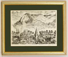 Szabó Vladimir (1905-1991): Nagymaros. Rézkarc, papír, jelzett, üvegezett keretben, 28×39 cm